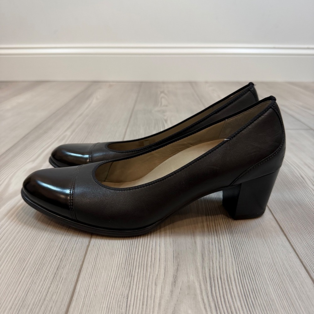 Ara 42522 Black Leather Patent Cap Toe Low Block Heel Pumps Shoes Womens 8